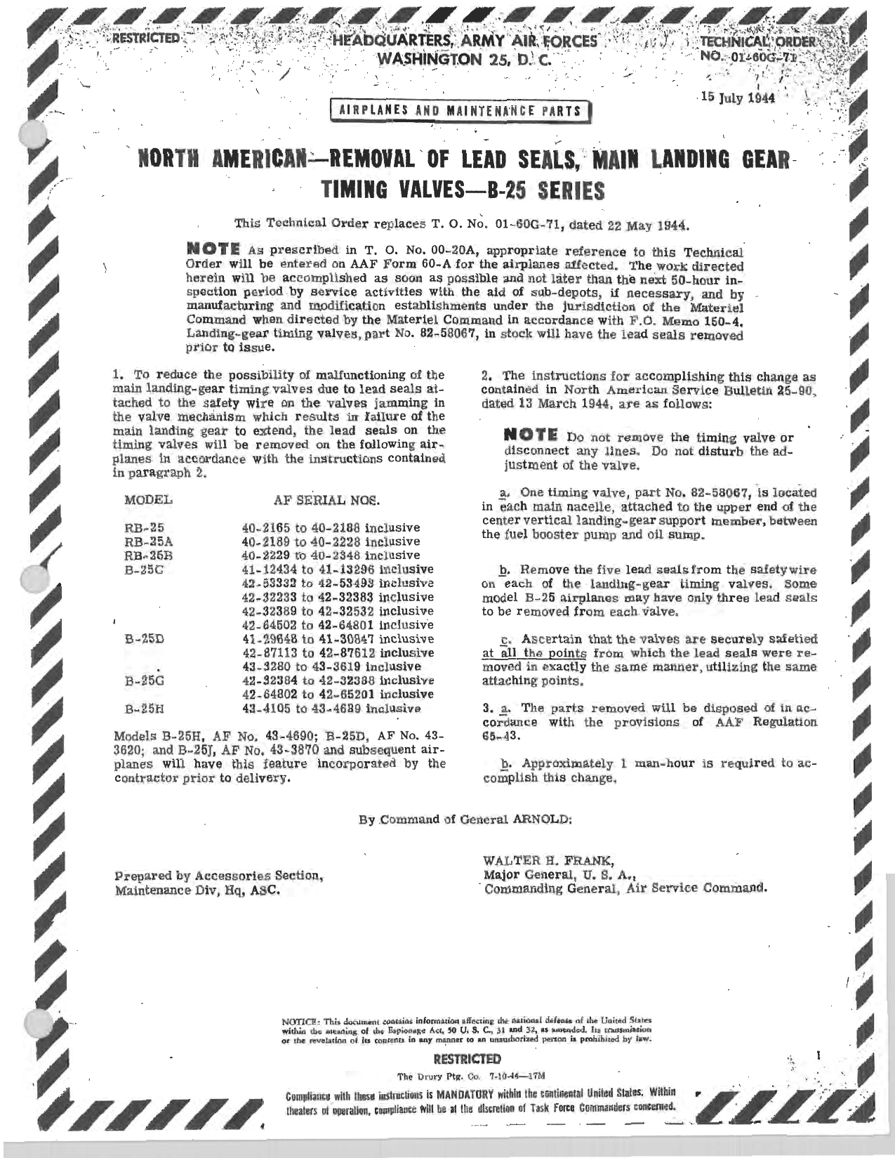 Sample page 1 from AirCorps Library document: North American - Removal of Lead Seals, Main Landing Gear Timing Valves - B-25 Series