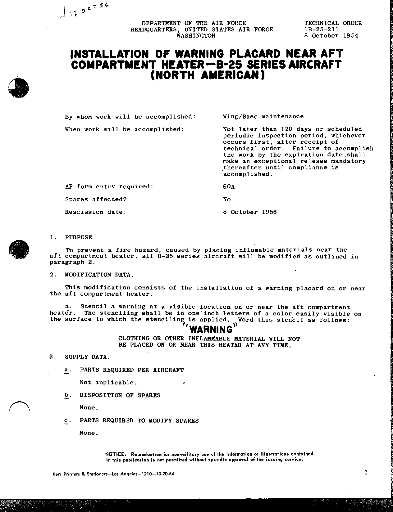 Sample page 1 from AirCorps Library document: Installation of Warning Placard Near Aft Compartment Heater - B-25 Series Aircraft (North American)