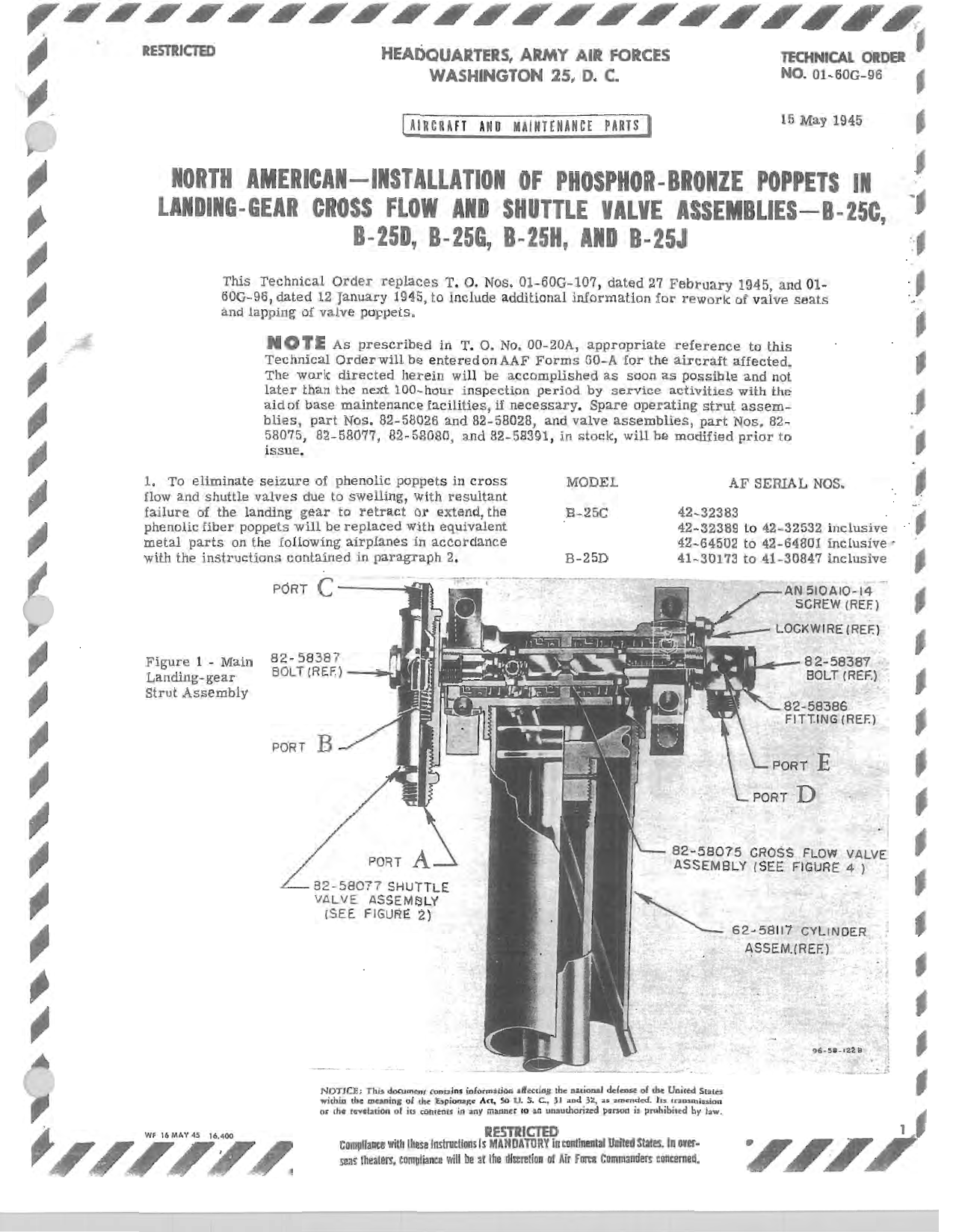 Sample page 1 from AirCorps Library document: North American - Installation of Phosphor-Bronze Poppets in Landing-Gear Cross Flow and Shuttle Valve Assemblies - B-25C, B-25D, B-25G, B-25H, B-25J