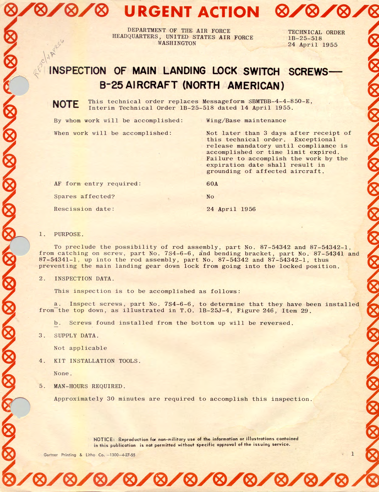 Sample page 1 from AirCorps Library document: Inspection of Main Landing Lock Switch Screws - B-25 Aircraft (North American)