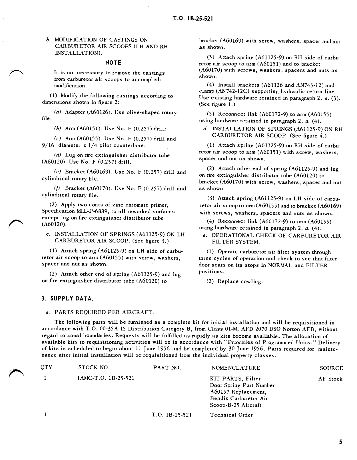 Sample page 5 from AirCorps Library document: Filter Door Spring Part Number A60157 Replacement, Bendix Carburetor Air Scoop - B-25 Aircraft