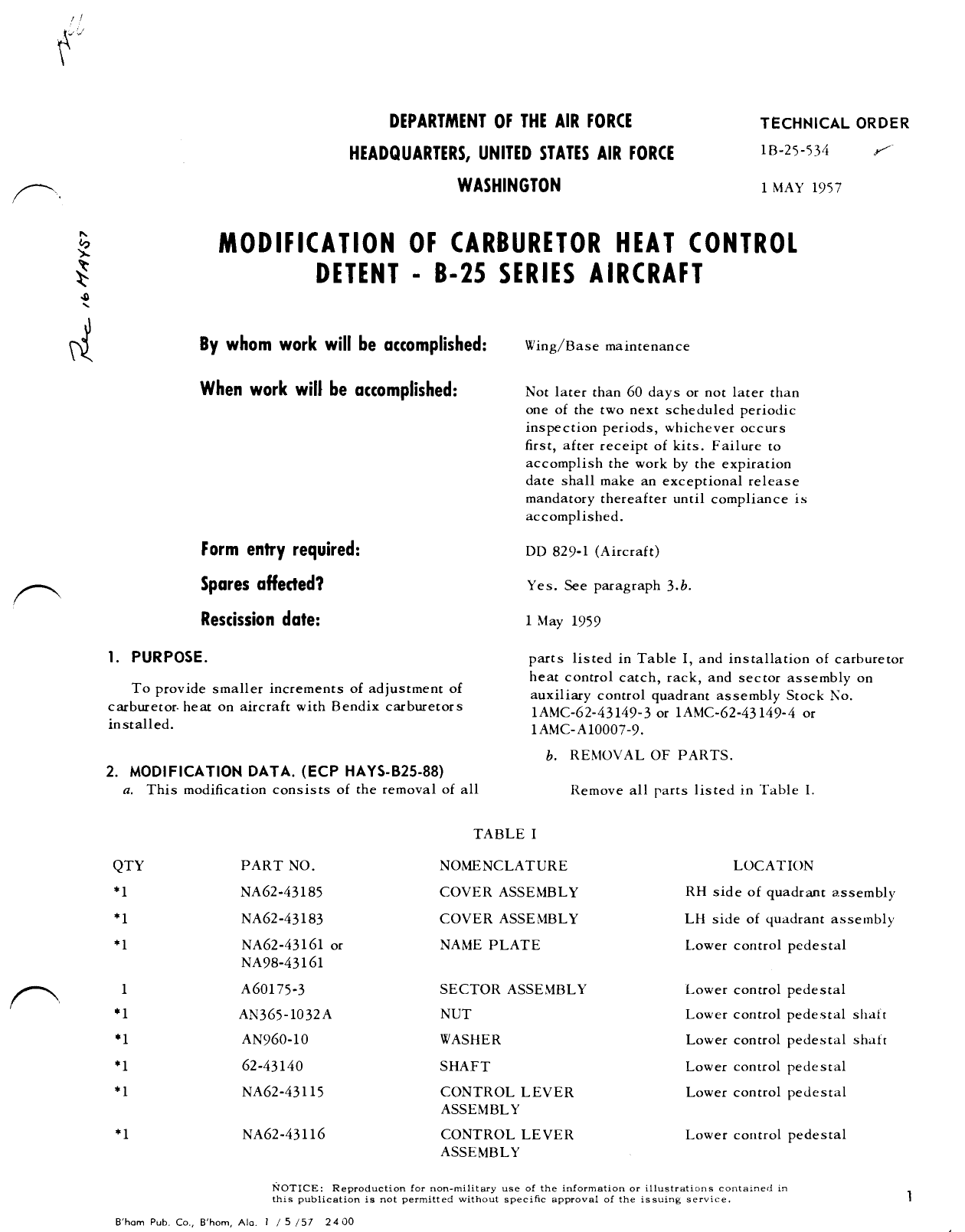 Sample page 1 from AirCorps Library document: Modification of Carburetor Heat Control Detent - B-25 Series Aircraft