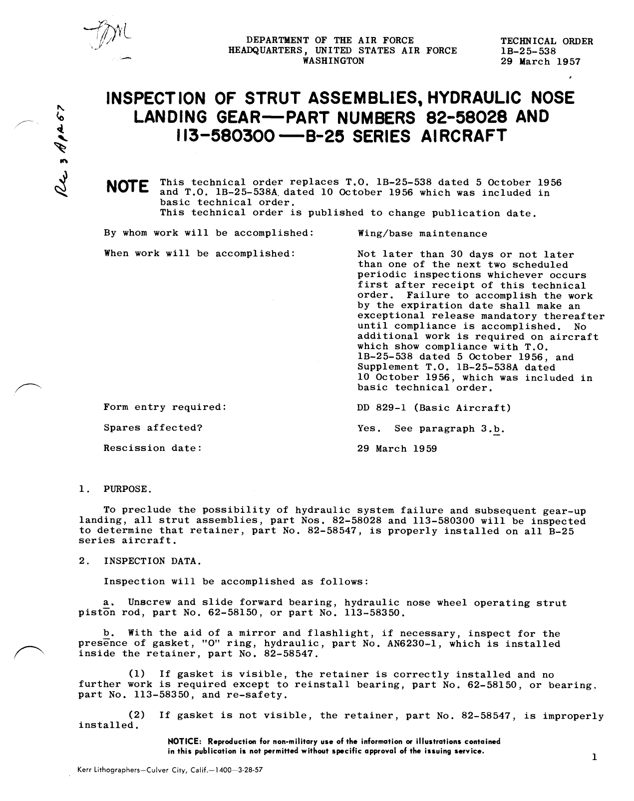 Sample page 1 from AirCorps Library document: Inspection of Hydraulic Strut Assemblies, Hydraulic Nose Landing Gear - Part Numbers 82-58028 and 113-580300 - B-25 Series Aircraft