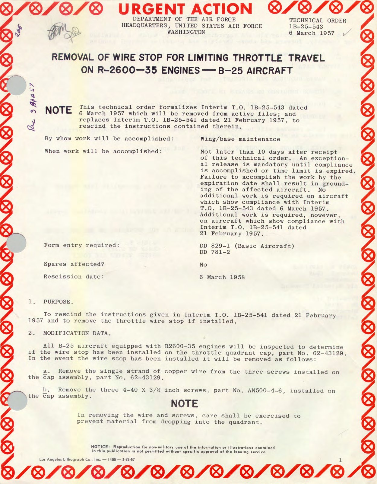 Sample page 1 from AirCorps Library document: Removal of Wire Stop for Limiting Throttle Travel on R-2600-35 Engines - B-25 Aircraft