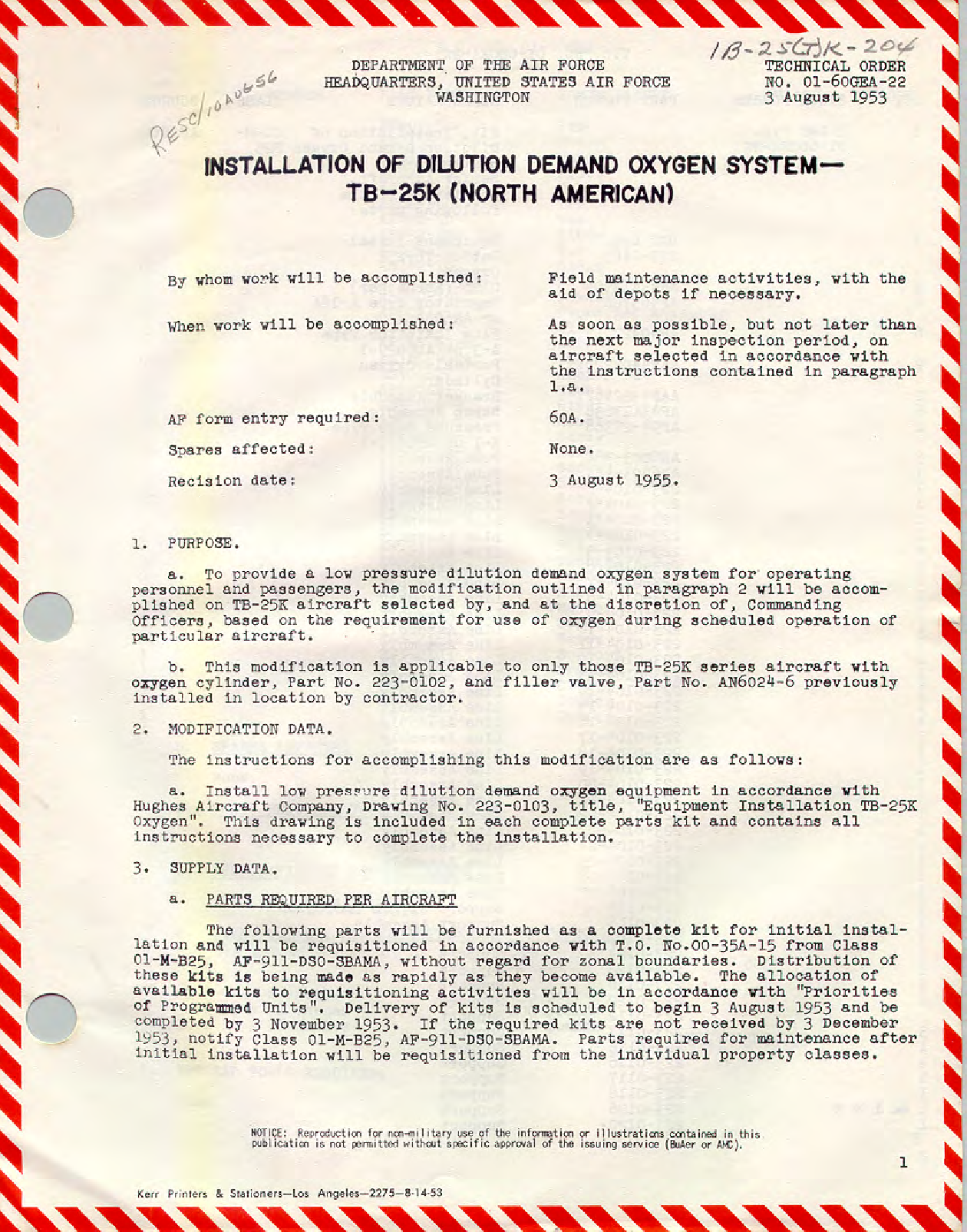 Sample page 1 from AirCorps Library document: Installation of Dilution Demand Oxygen System - TB-25K (North American)