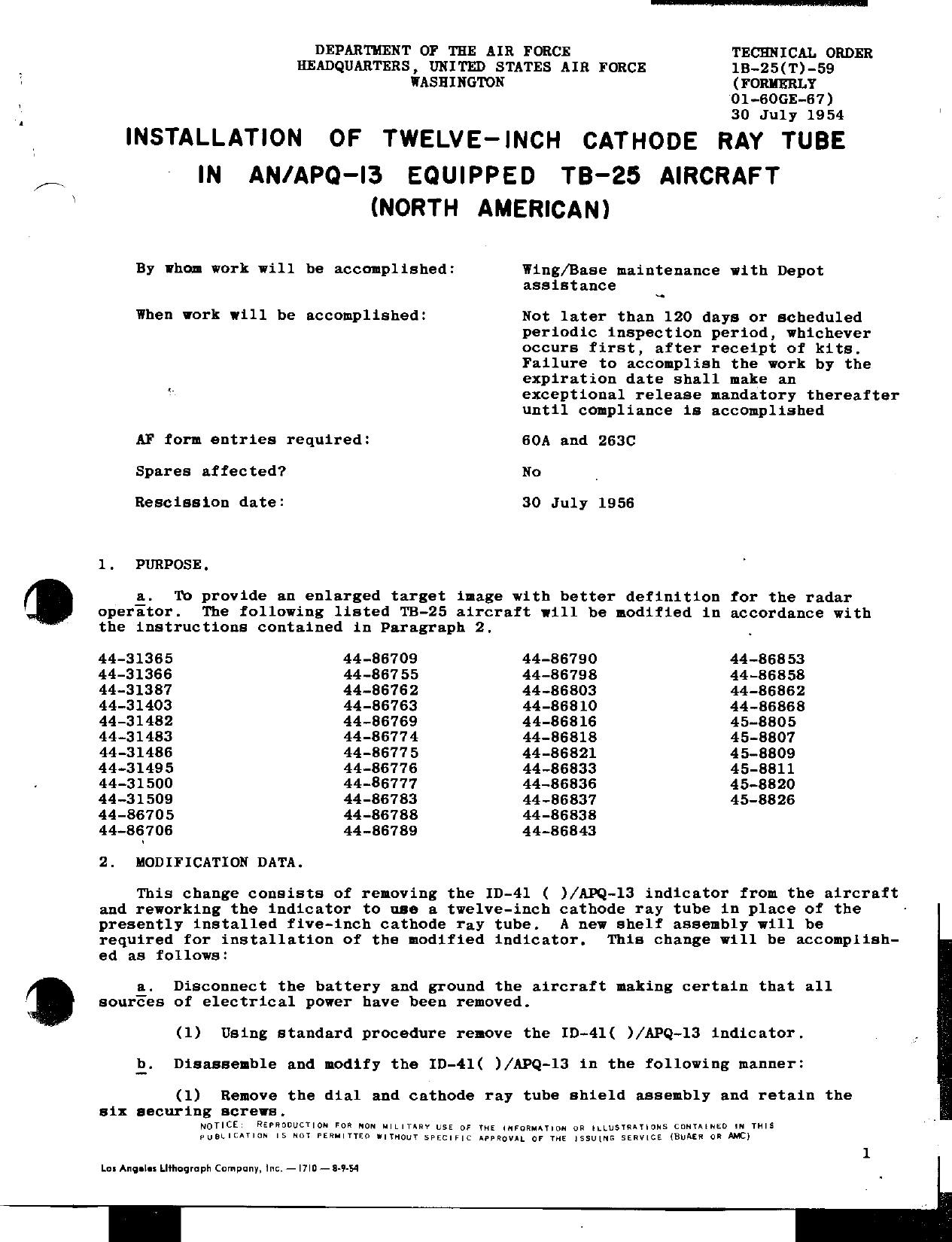 Sample page 1 from AirCorps Library document: Installation of Twelve-Inch Cathode Ray Tube in AN-APQ-13 Equipped T-25B Aircraft (North American)