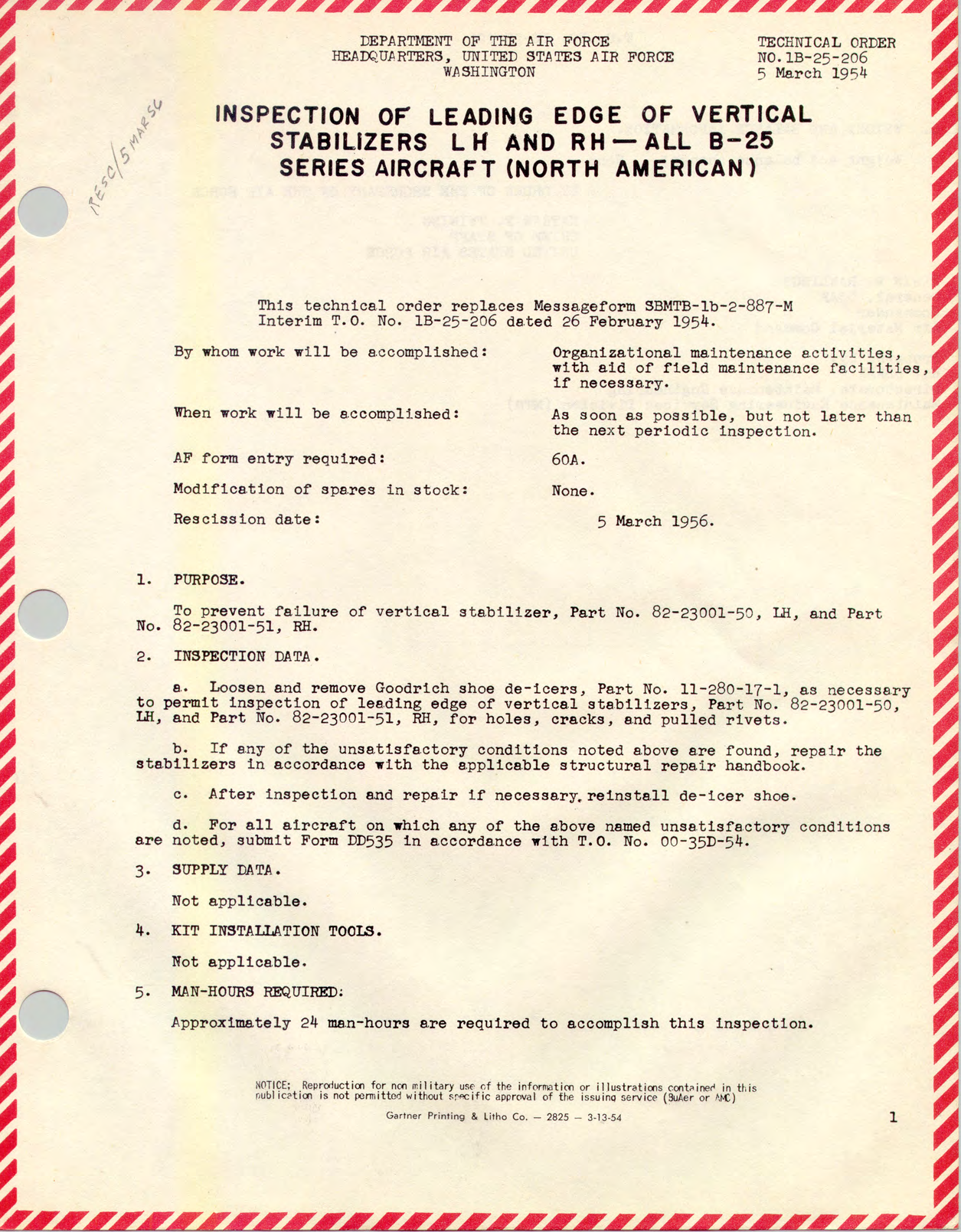 Sample page 1 from AirCorps Library document: Inspection of Leading Edge of Vertical Stabilizers LH and RH - All B-25 Series Aircraft (North American)
