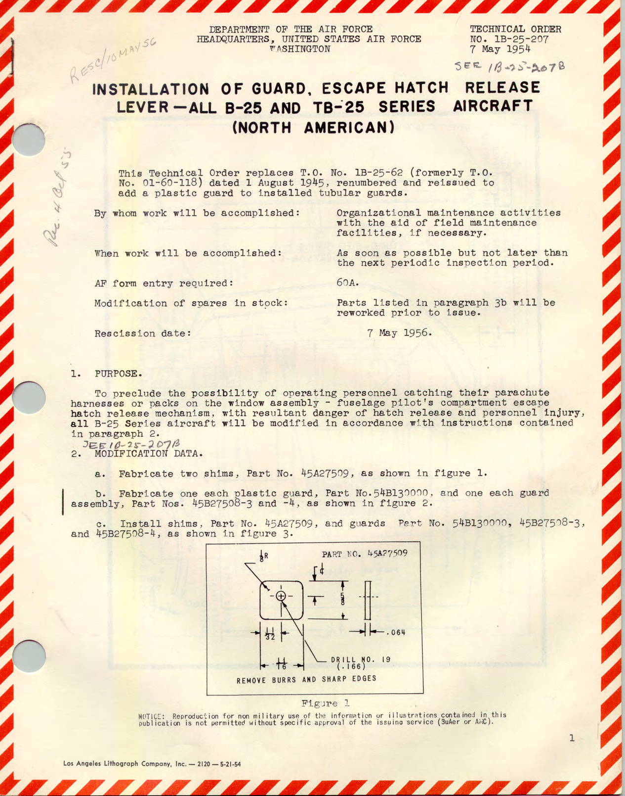 Sample page 1 from AirCorps Library document: Installation of Guard, Escape Hatch Release Lever - All B-25 and TB-25 Series Aircraft (North American),