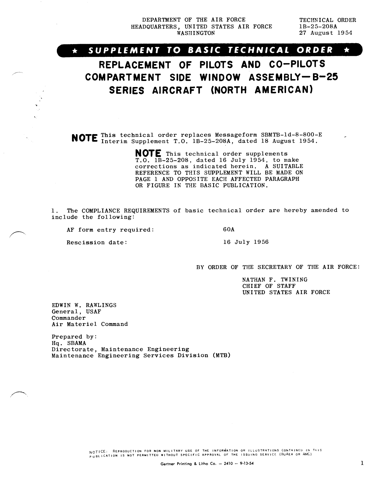 Sample page 1 from AirCorps Library document: Replacement of Pilots and Co-Pilots Compartment Side Window Assembly - B-25 Series Aircraft (North American)