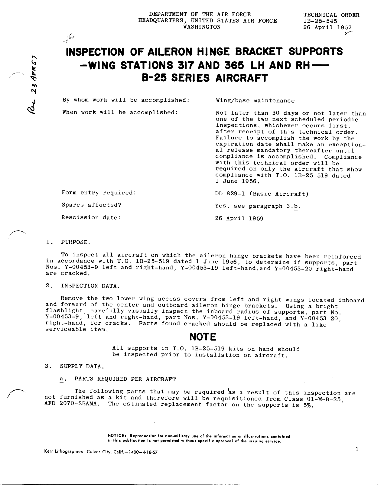Sample page 1 from AirCorps Library document: Inspection of Hinge Bracket Supports - Wing Stations 317 and 365 LH and RH -- B-25 Series Aircraft