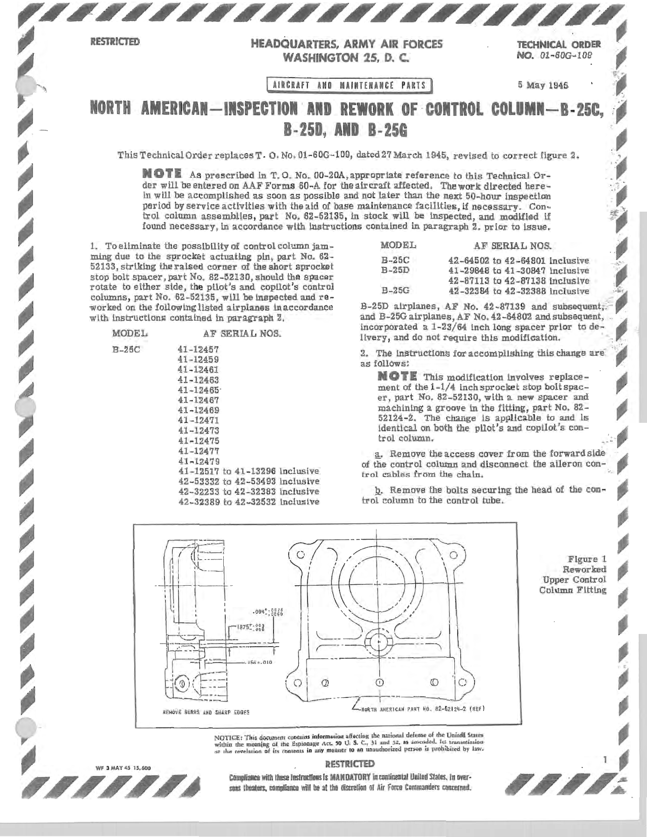 Sample page 1 from AirCorps Library document:  North American - Inspection and Rework of Control Column - B-25C, B-25D, and B-25G