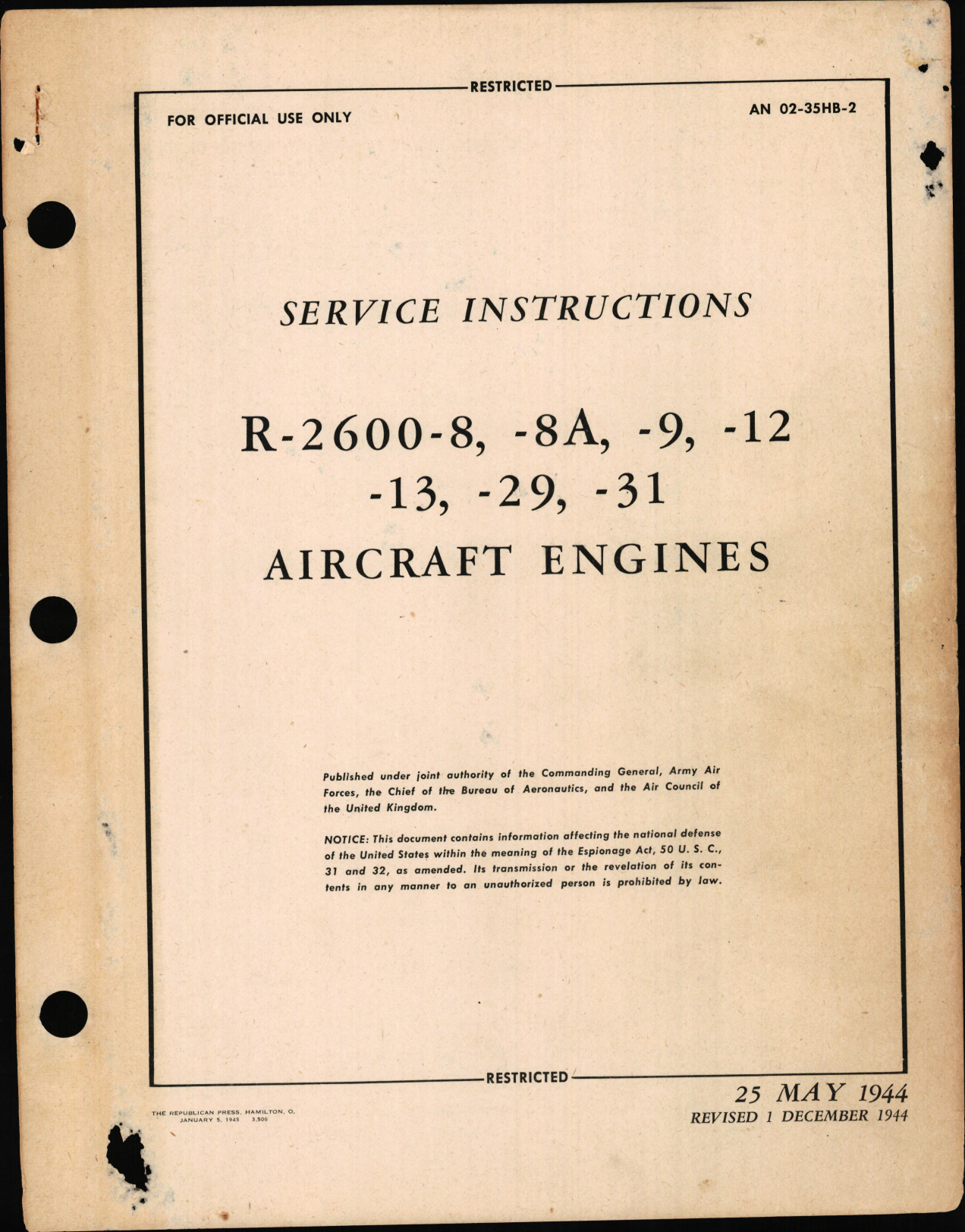 Sample page 1 from AirCorps Library document: Service Instructions for R-2600-8, -8A, -9, -12, -13, -29, and -31 Aircraft Engines