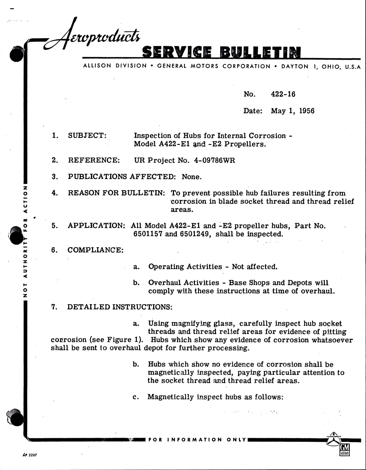Sample page 1 from AirCorps Library document: Inspection of Hubs for Internal Corrosion for Model A422-E1 and -E2 Propellers