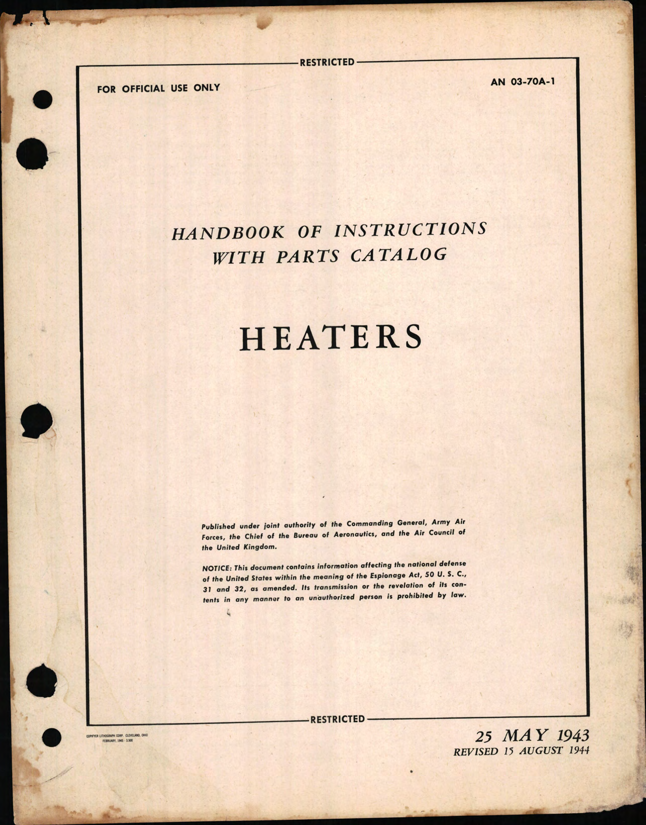 Sample page 1 from AirCorps Library document: Handbook of Instructions with Parts Catalog for Heaters