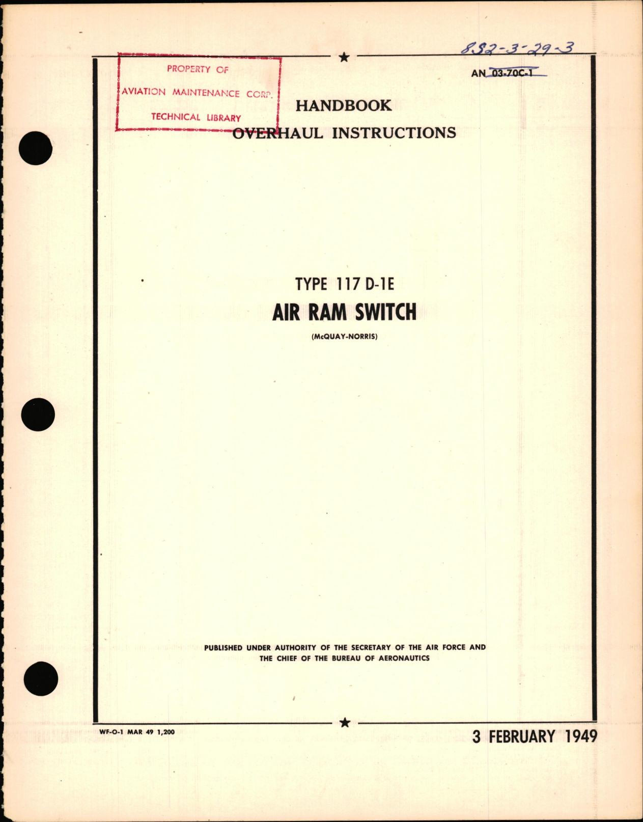 Sample page 1 from AirCorps Library document: Overhaul Instructions for Type 117 D-1E Air Ram Switch