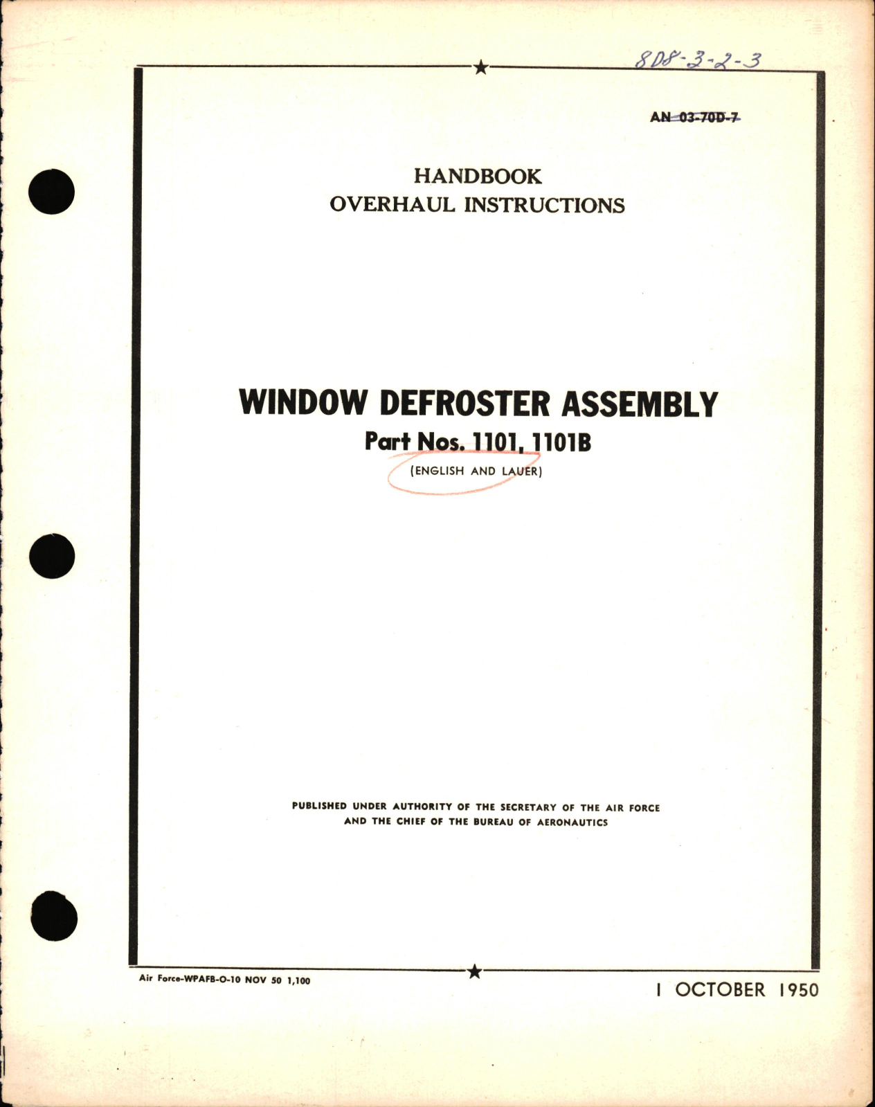 Sample page 1 from AirCorps Library document: Overhaul Instructions for Window Defroster Assembly Part Nos.  1101, 1101B