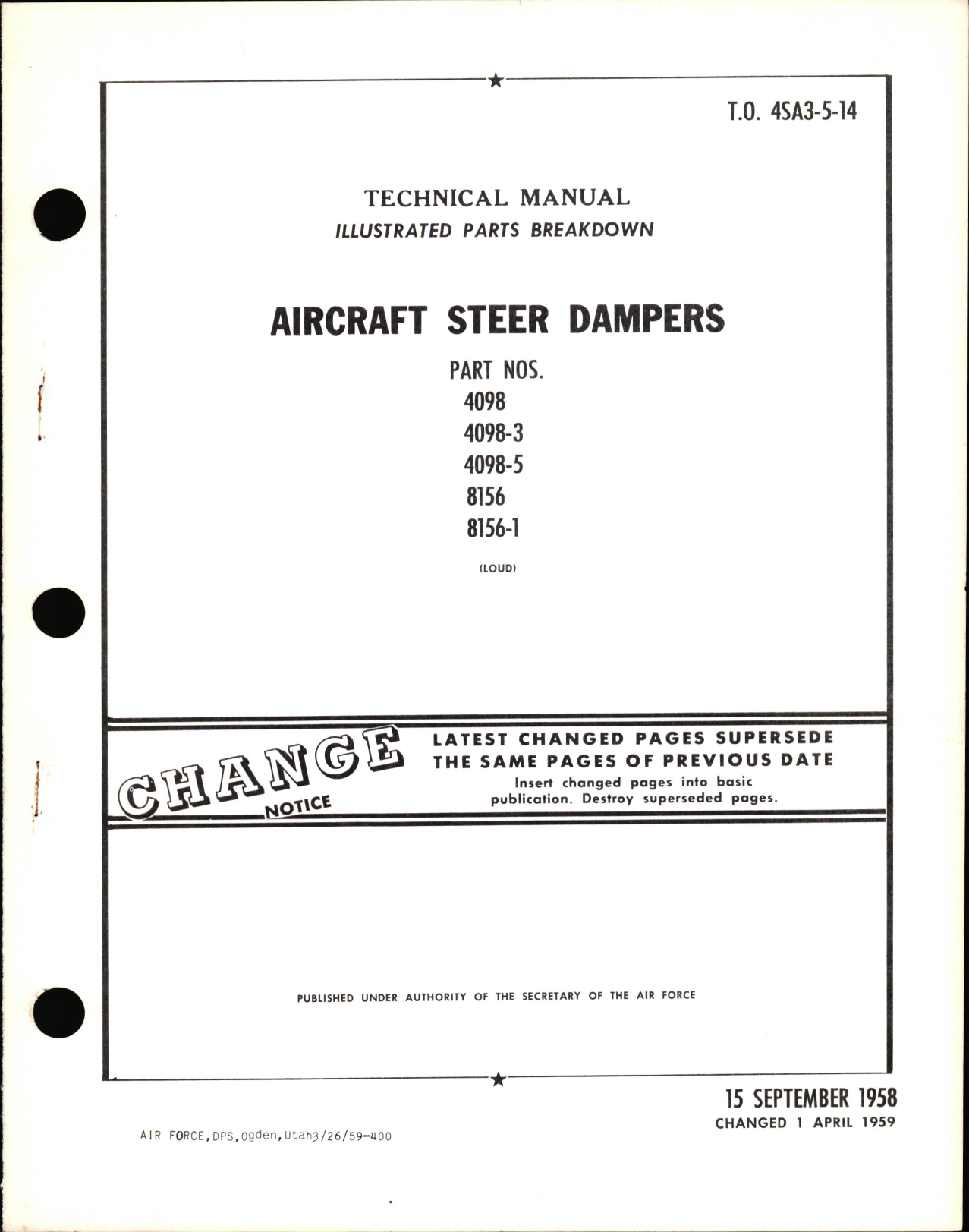 Sample page 1 from AirCorps Library document: Illustrated Parts Breakdown for Aircraft Steer Dampers Part Nos. 4098, -3, -5, 8156, -1