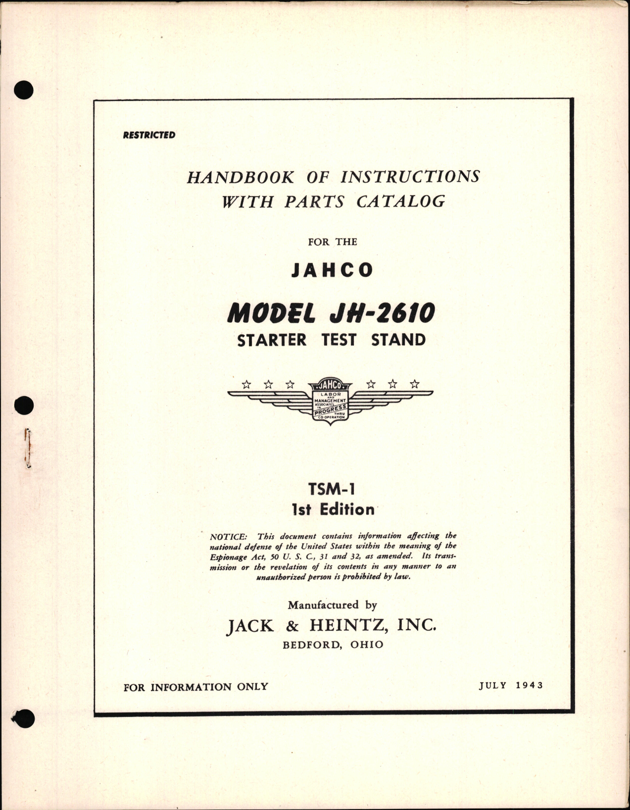 Sample page 1 from AirCorps Library document: Handbook of Instructions with Parts Catalog for the Jahco Model JH-2610 Starter Test Stand