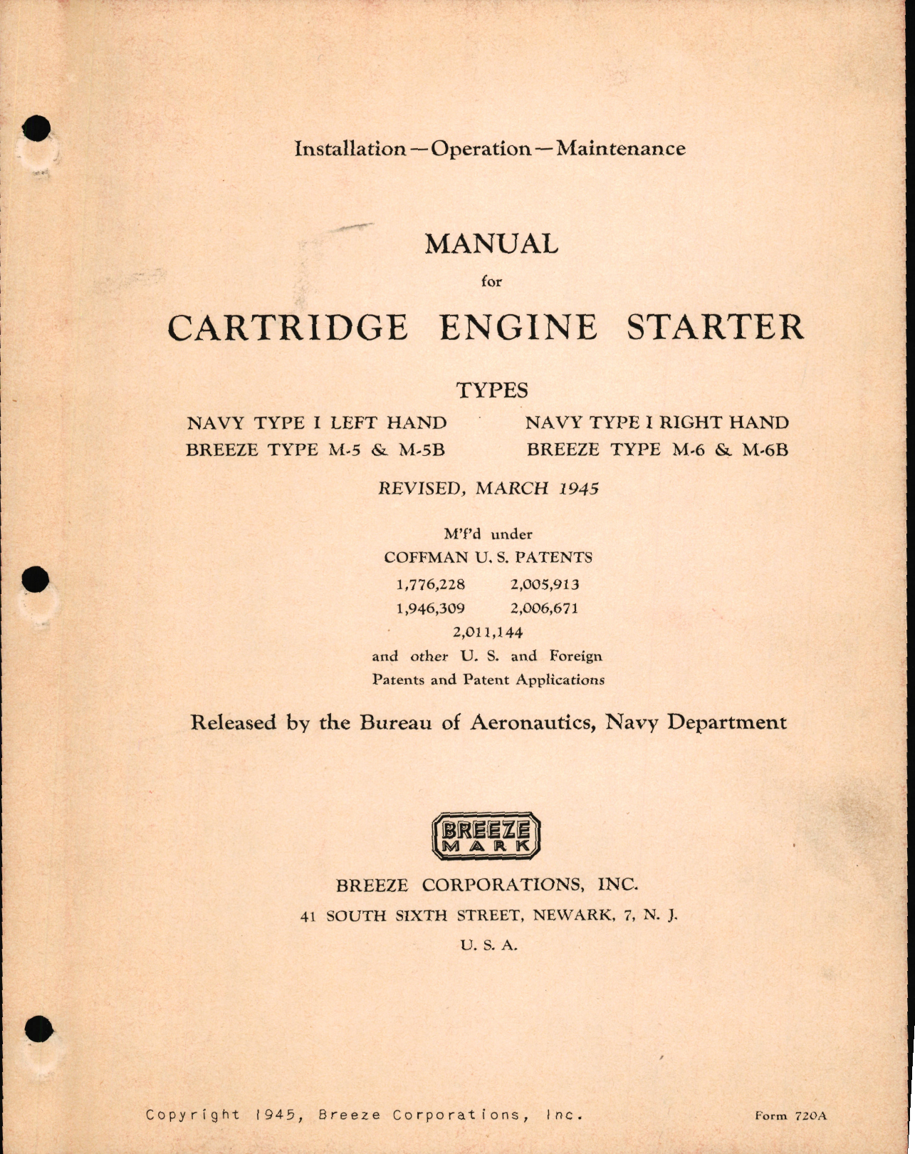 Sample page 1 from AirCorps Library document: Installation, Operation, and Maintenance Manual for Cartridge Engine Starter Types M-5 and M-6