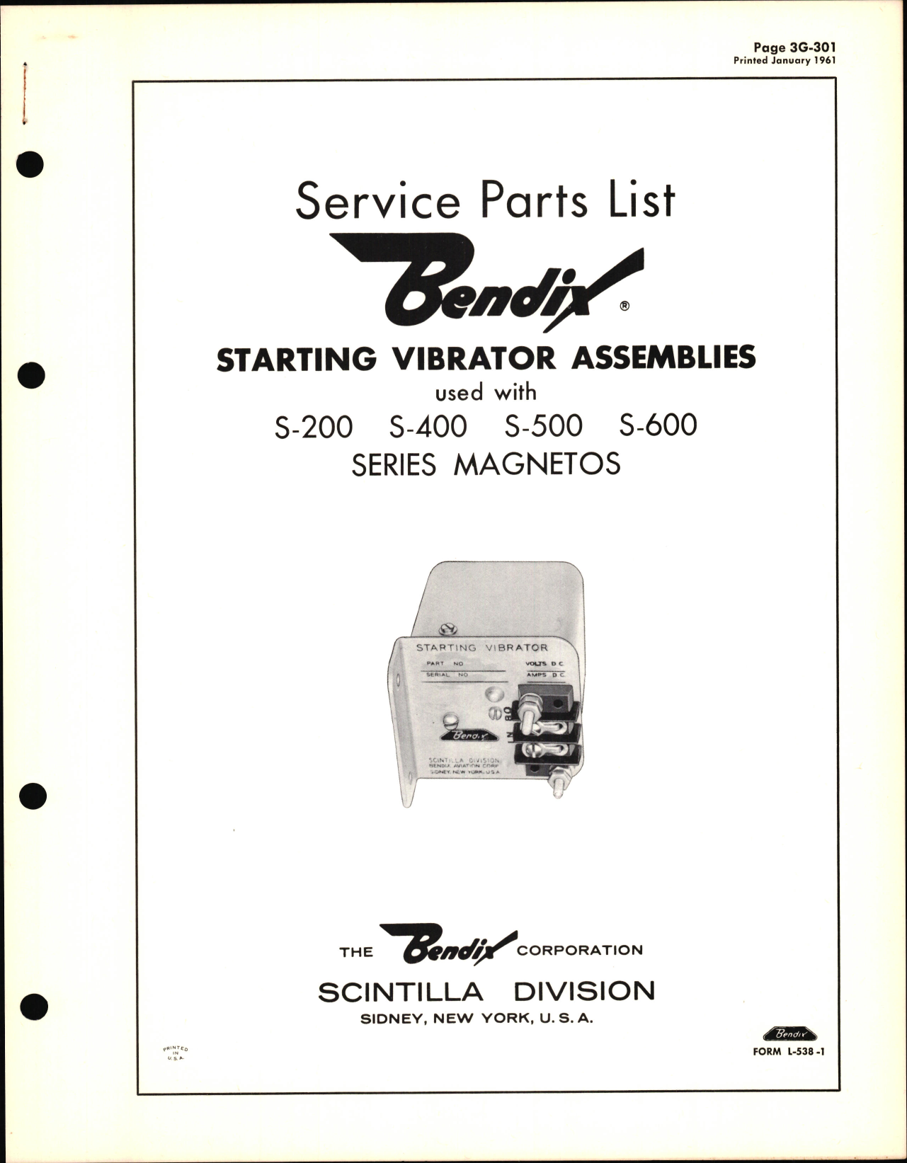 Sample page 1 from AirCorps Library document: Service Parts List for Bendix Starting Vibrator Assemblies Used w S-200, S-400, S-500, and S-600 Magnetos