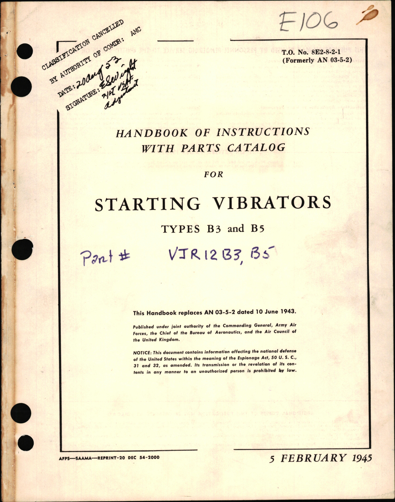 Sample page 1 from AirCorps Library document: Handbook of Instructions with Parts Catalog for Starting Vibrators Types B3 and B5