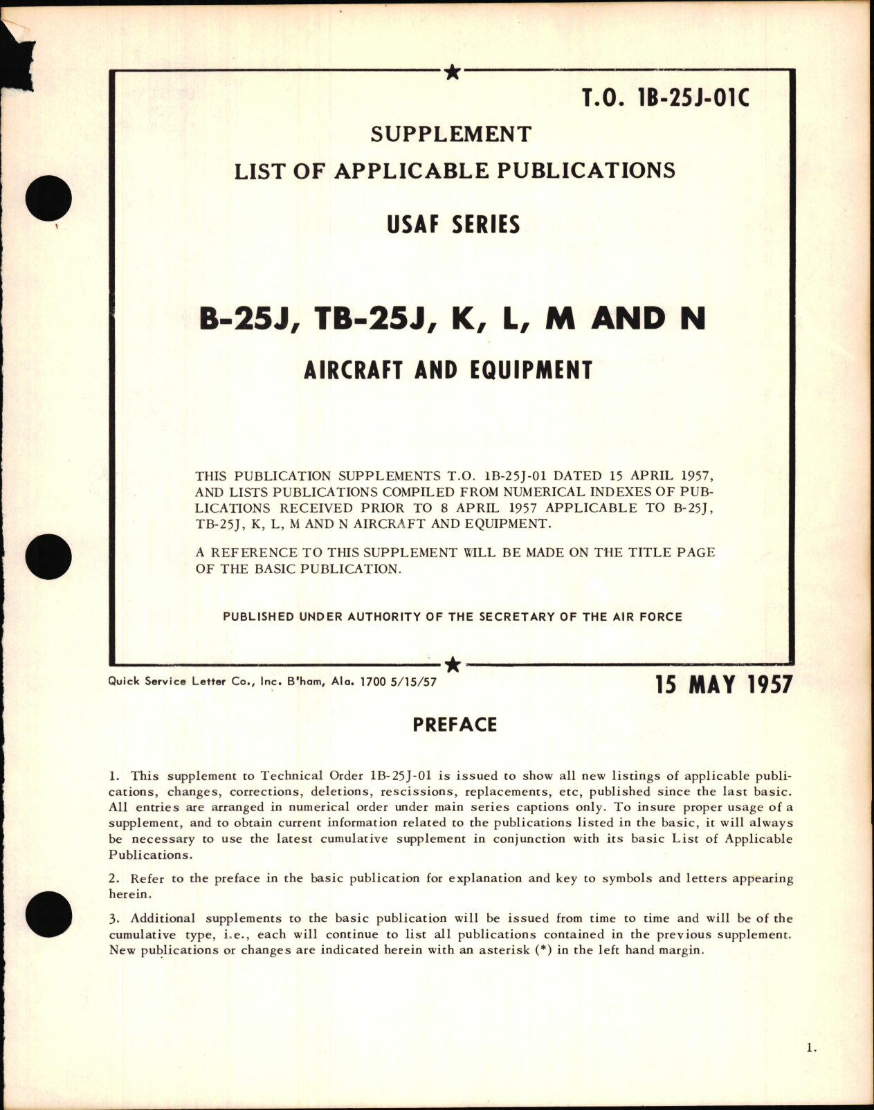 Sample page 1 from AirCorps Library document: Supplement to List of Applicable Publications for USAF Series  B-25J, TB-25J, K, L, M and N Aircraft and Equipment