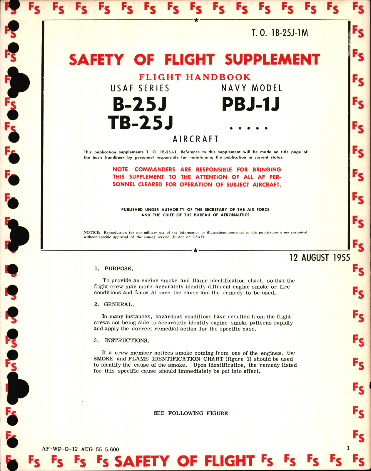 Sample page 1 from AirCorps Library document: Safety of Flight Supplement to Flight Handbook for USAF Series B-25J and TB-25J Aircraft