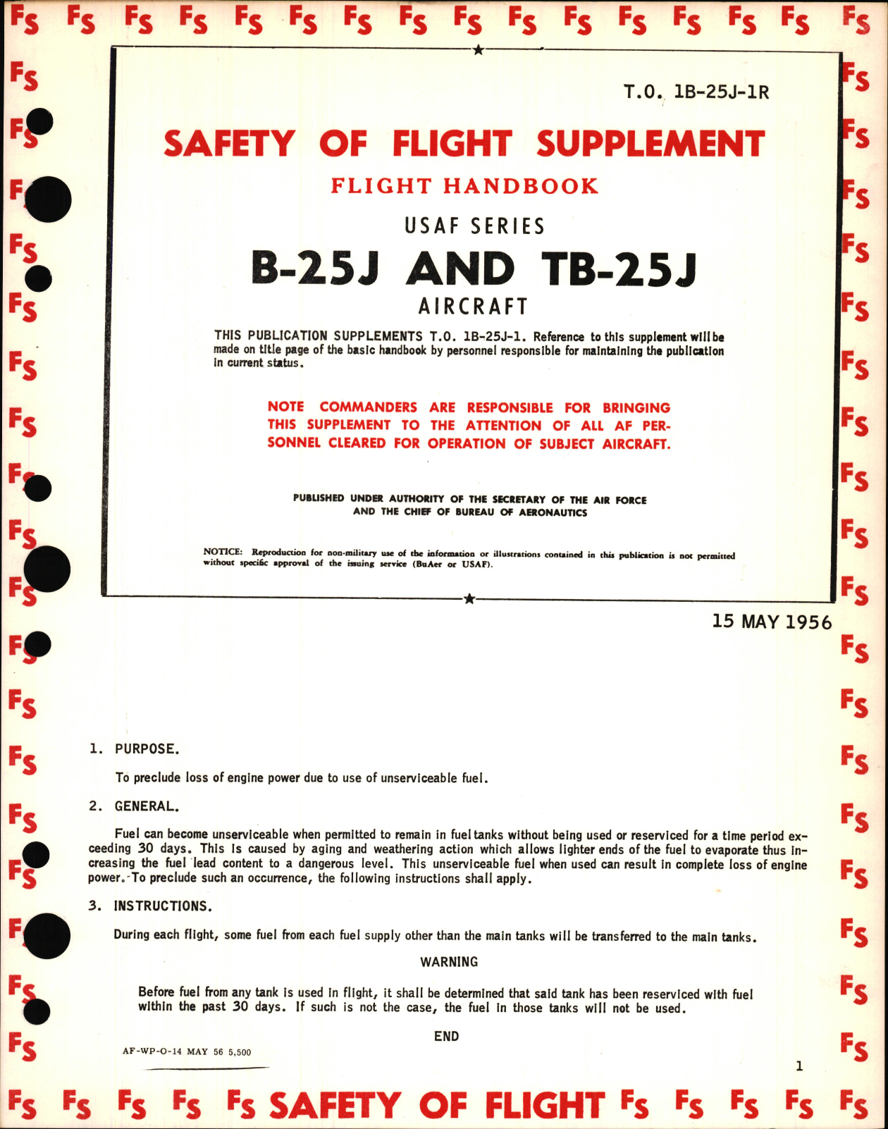 Sample page 1 from AirCorps Library document: Safety of Flight Supplement to Flight Handbook for USAF Series B-25J and TB-25J Aircraft