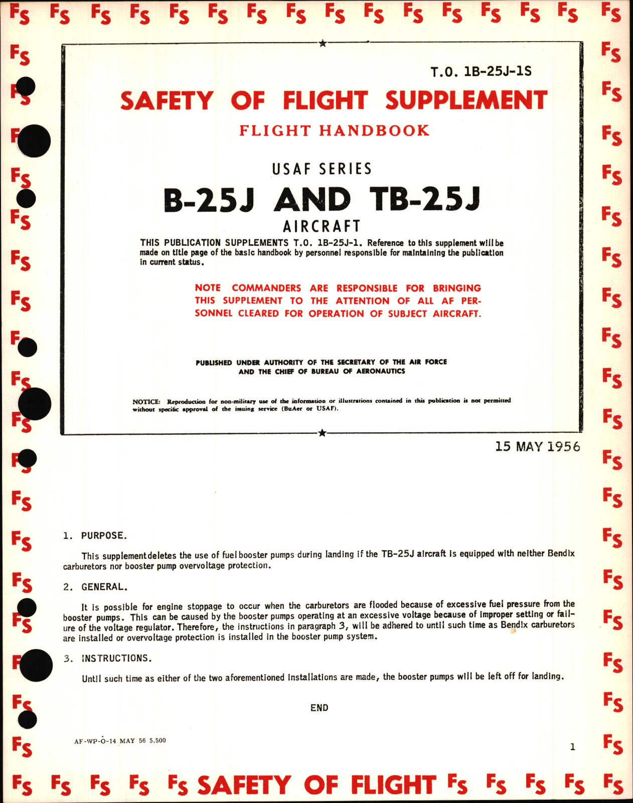 Sample page 1 from AirCorps Library document: Safety of Flight Supplement to Flight Handbook for USAF Series B-25J and TB-25J Aircraft