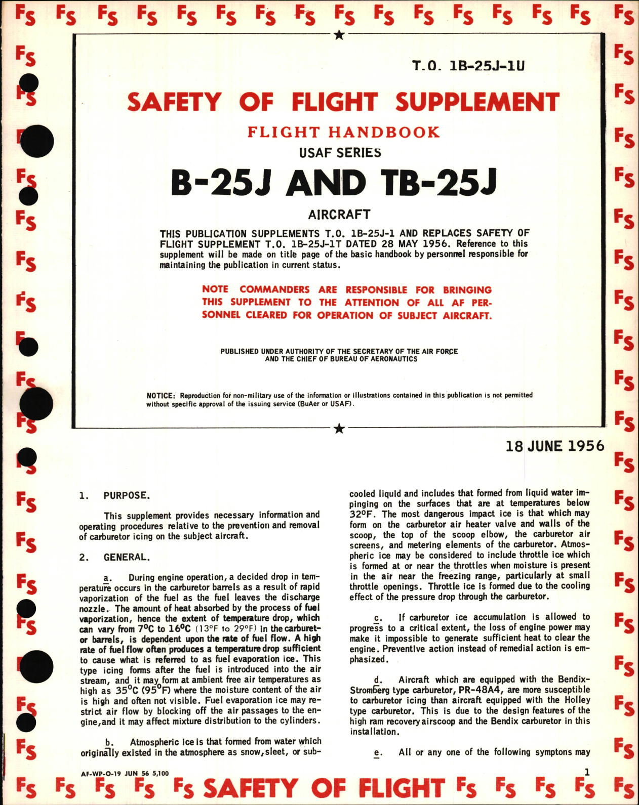 Sample page 1 from AirCorps Library document: Safety of Flight Supplement to Flight Handbook for USAF Series B-25J and TB-25J Aircraft