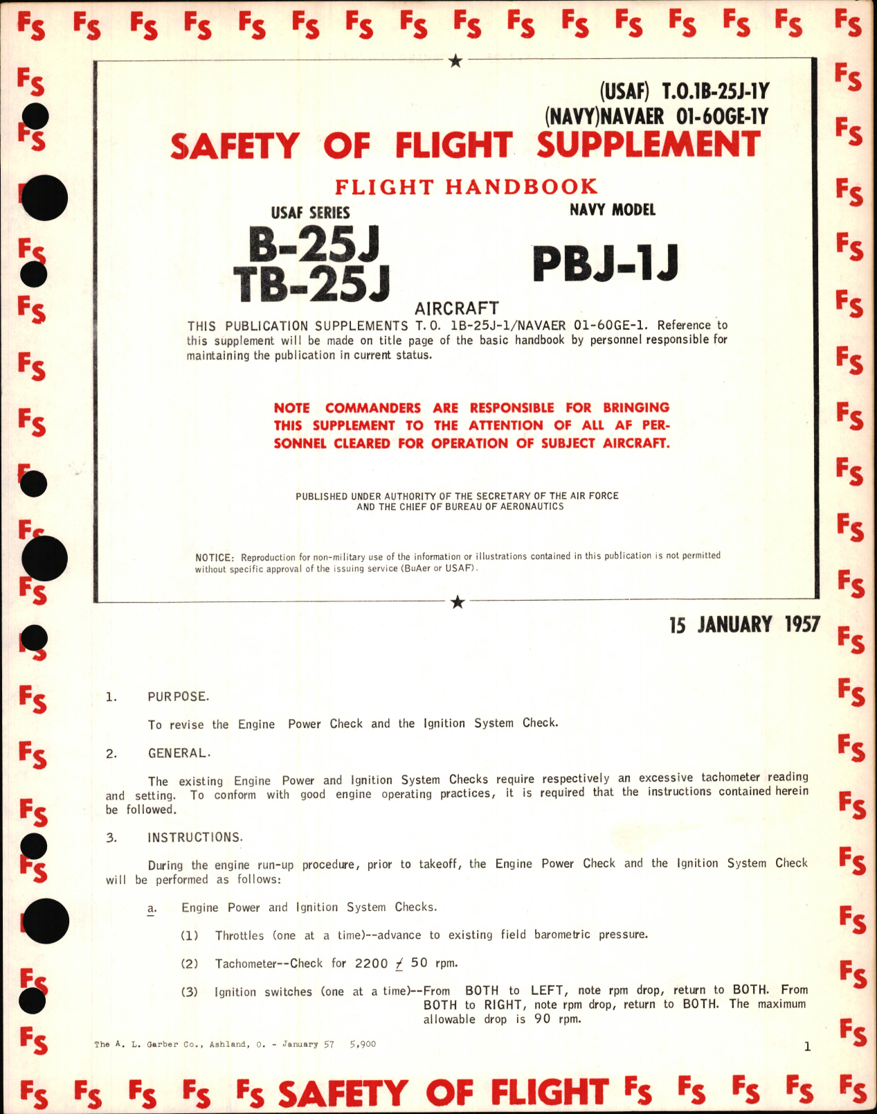 Sample page 1 from AirCorps Library document: Safety of Flight Supplement to Flight Handbook for USAF Series B-25J and TB-25J Aircraft
