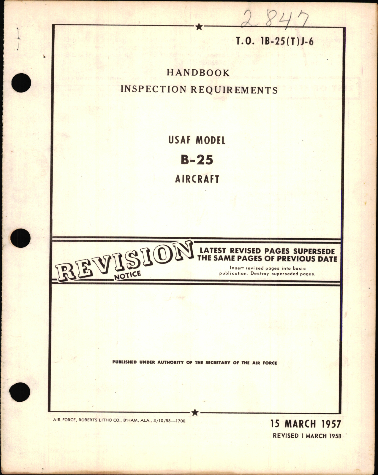 Sample page 1 from AirCorps Library document: Handbook of Inspection Requirements for USAF Model B-25 Aircraft