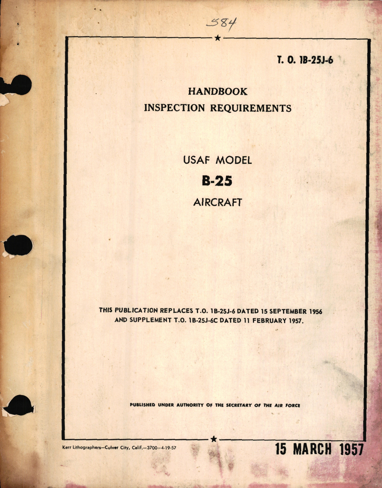 Sample page 1 from AirCorps Library document: Handbook of Inspection Requirements for USAF Model B-25 Aircraft, 