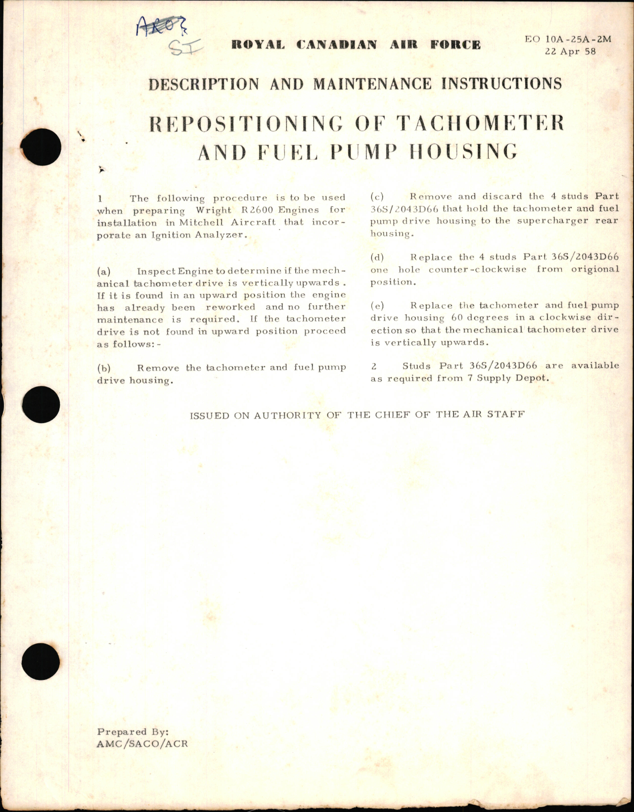 Sample page 1 from AirCorps Library document: Description and Maintenance Instructions for Repositioning of Tachometer and Fuel Pump Housing