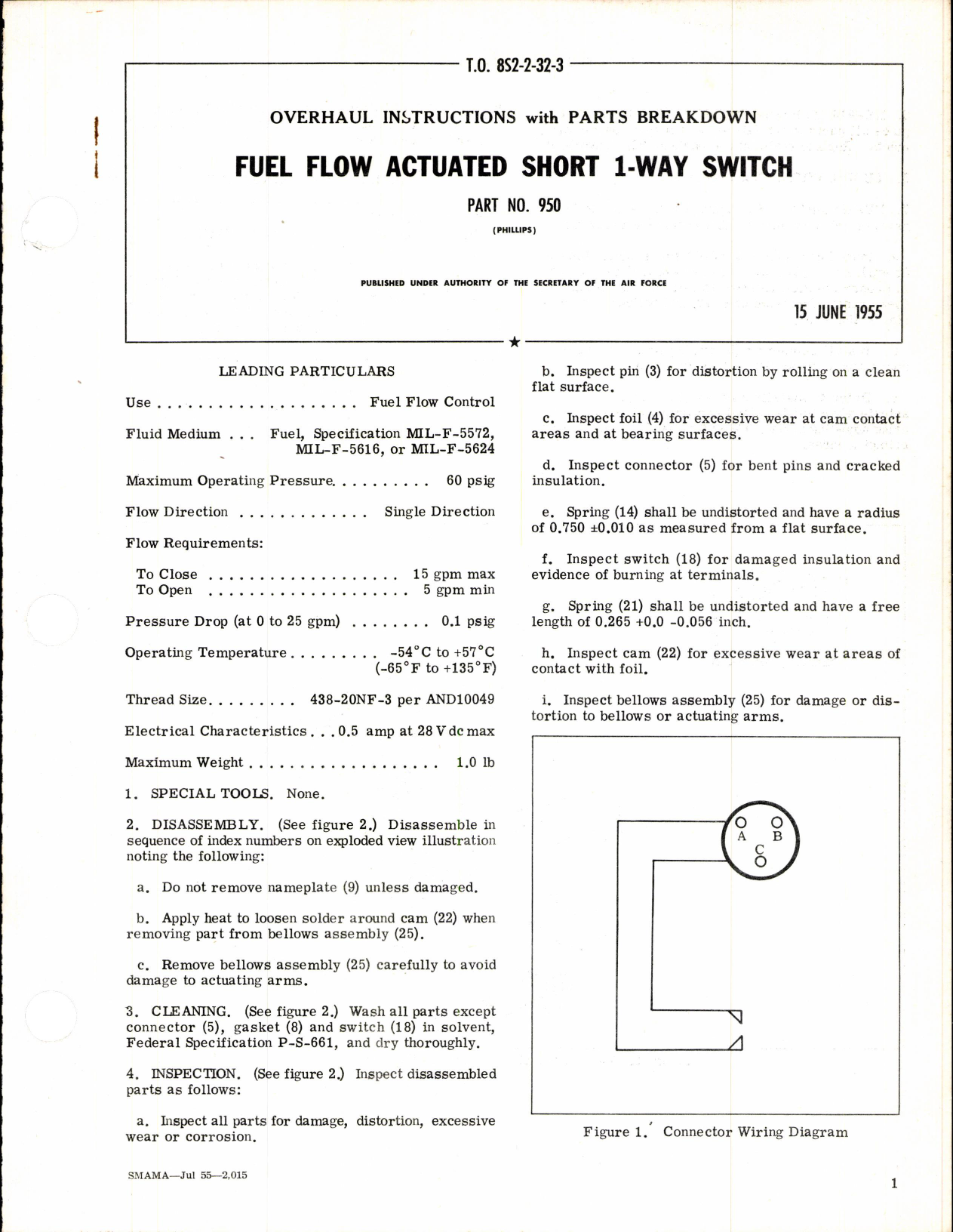 Sample page 1 from AirCorps Library document: Overhaul Instructions with Parts Breakdown for Fuel Flow Actuated Short 1-Way Switch Part No 950
