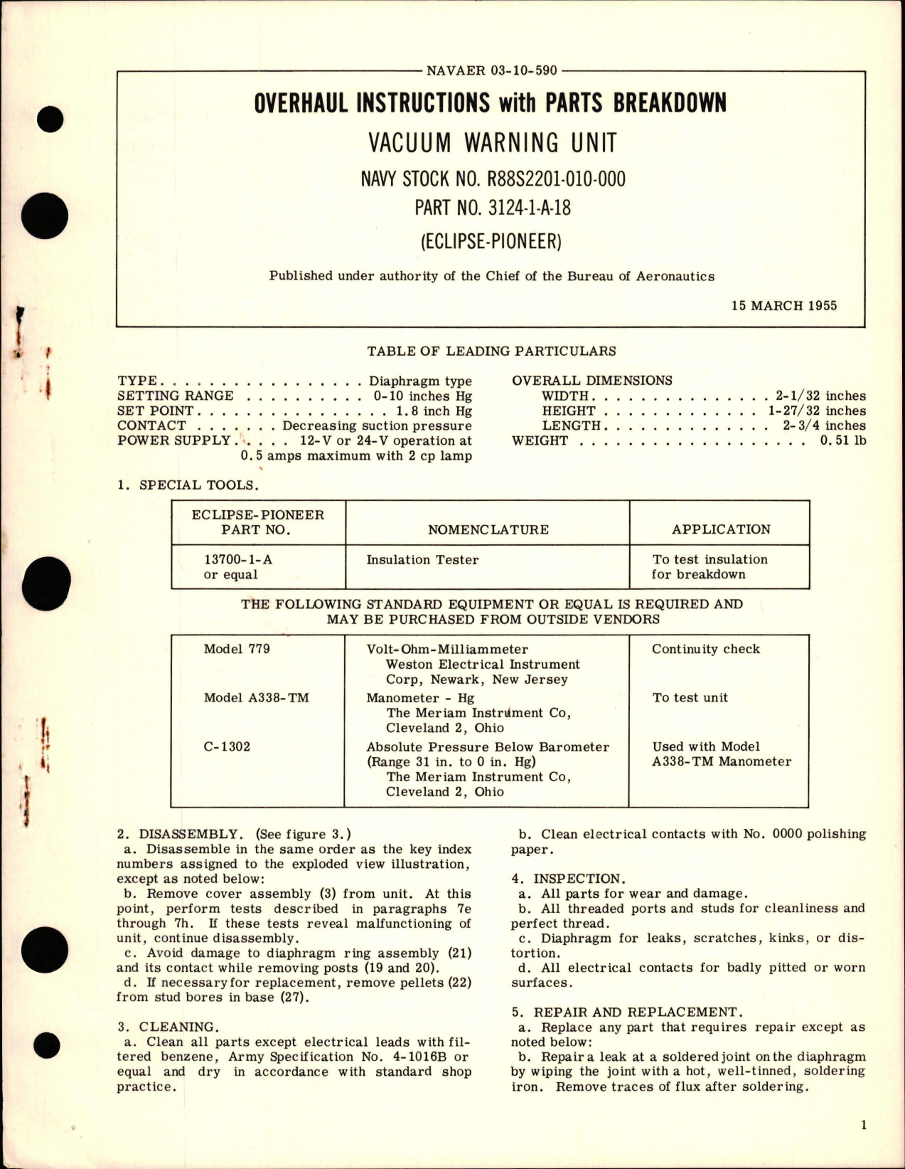 Sample page 1 from AirCorps Library document: Overhaul Instructions with Parts Breakdown for Vacuum Warning Unit - Part 3124-1-A-18 