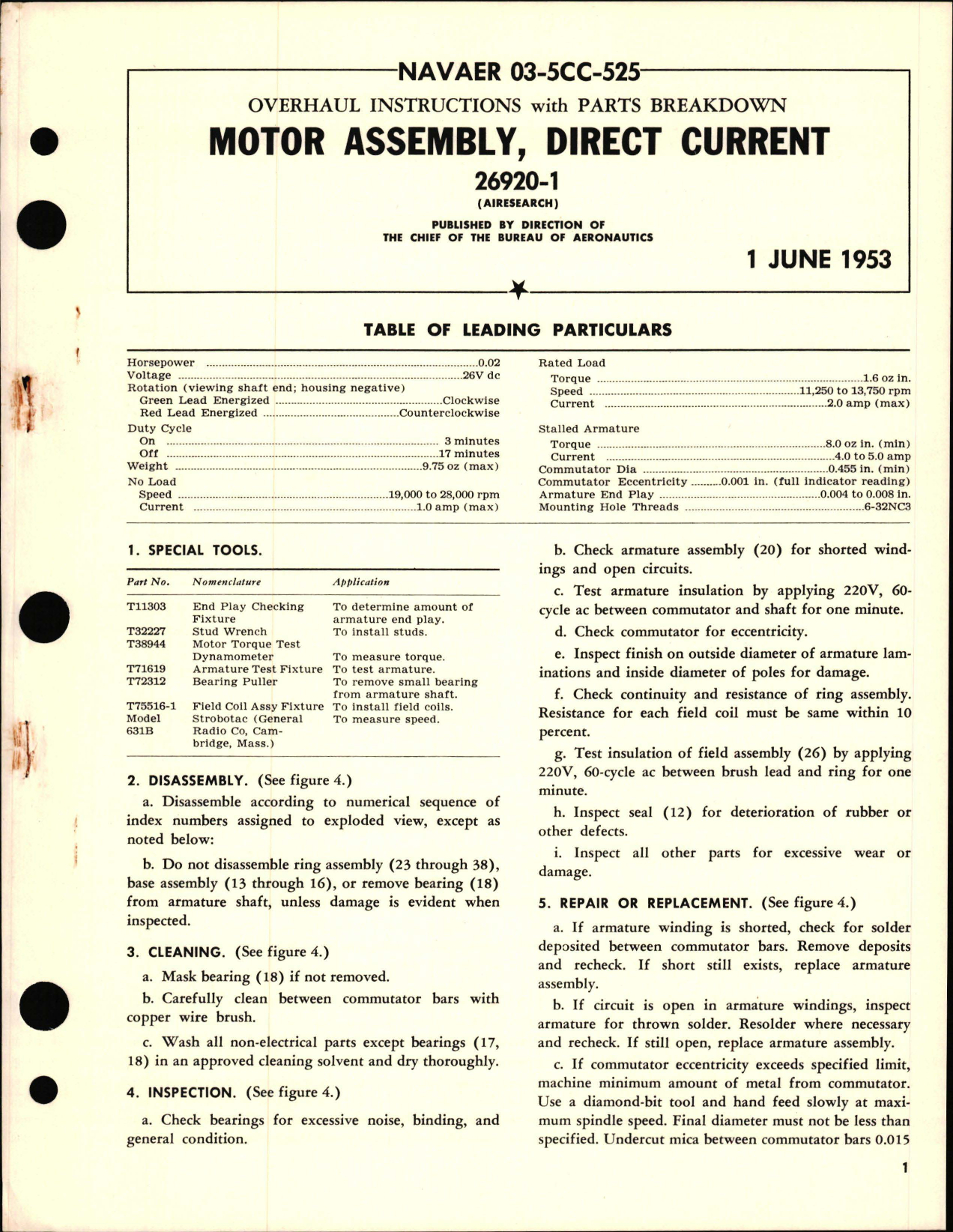 Sample page 1 from AirCorps Library document: Overhaul Instructions with Parts Breakdown for Motor Assembly, Direct Current Part 26920-1 