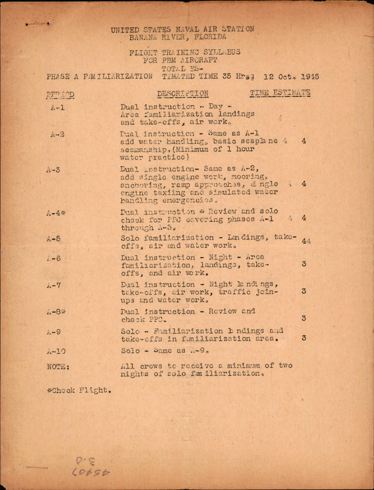 Sample page 1 from AirCorps Library document: Flight Training Syllabus for PBM Aircraft at United States Naval Air Station Banana River, Florida