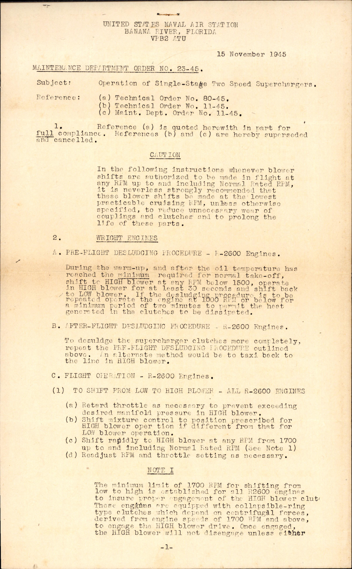 Sample page 1 from AirCorps Library document: Operation of Single-Stage Two-Speed Superchargers