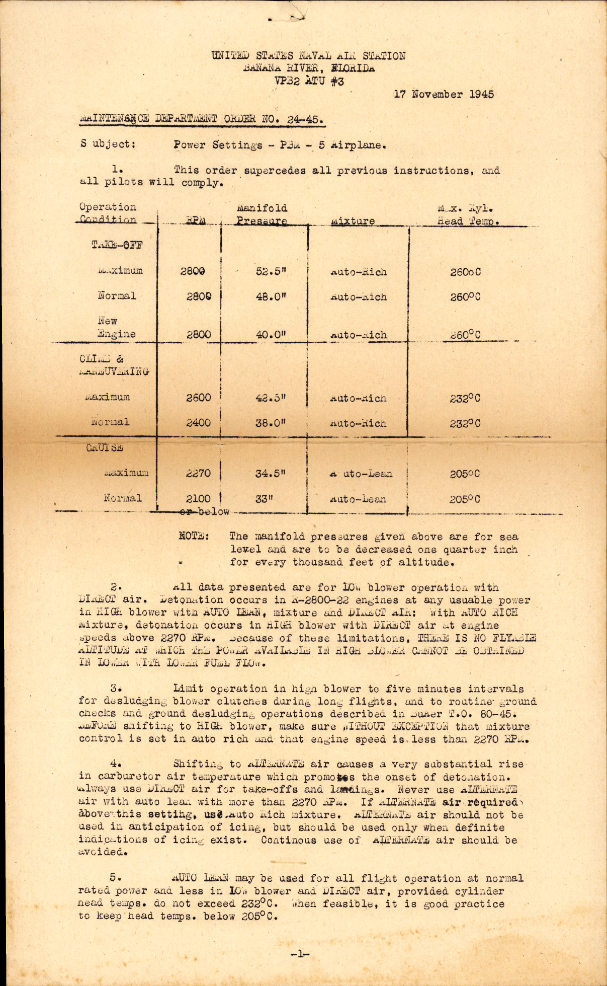 Sample page 1 from AirCorps Library document: Power Settings for PBM-5 Airplanes