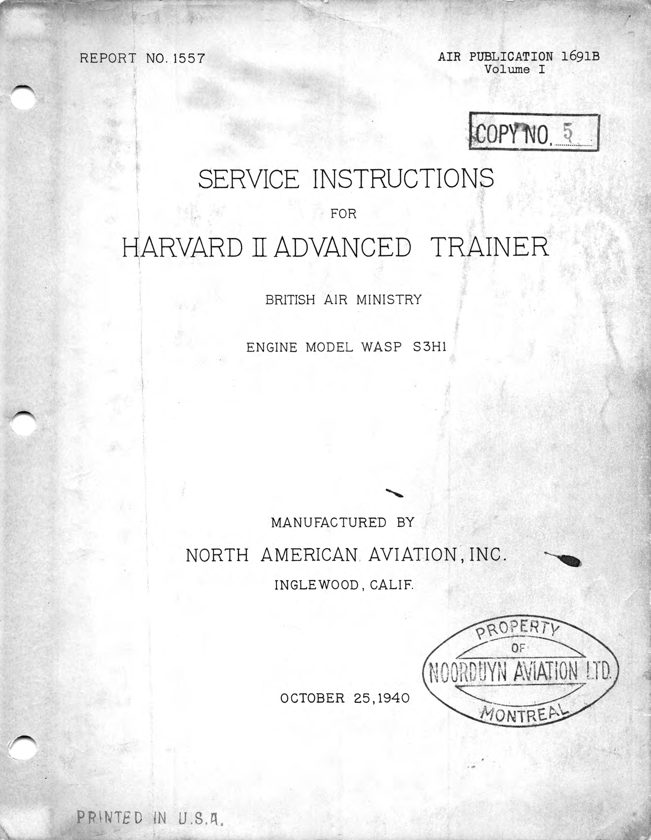 Sample page 1 from AirCorps Library document: Service Instructions for Harvard II Advanced Trainer