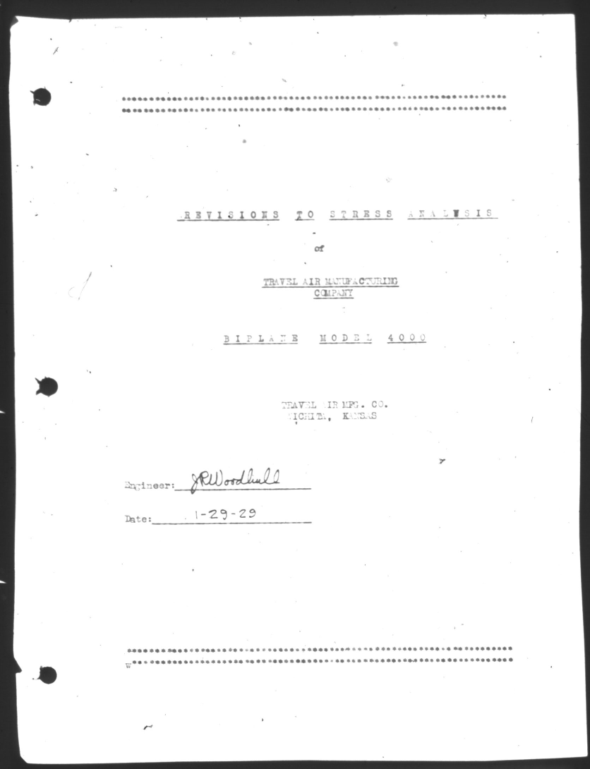 Sample page 1 from AirCorps Library document: Revisions to Stress Analysis for Travel Air Biplane Model 4000