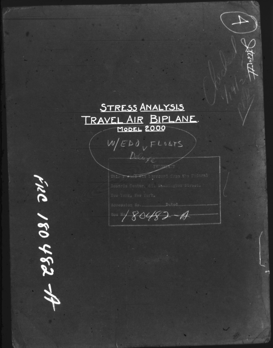 Sample page 1 from AirCorps Library document: Stress Analysis for Travel Air Biplane Model 2000 with EDO Floats