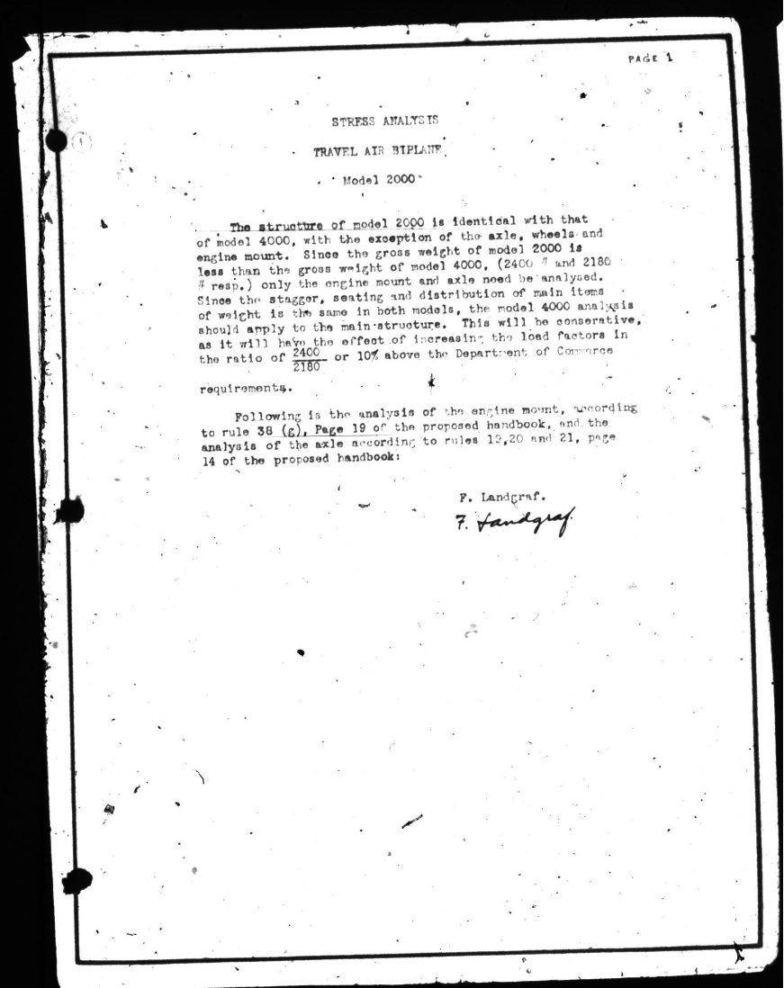 Sample page 1 from AirCorps Library document: Stress Analysis for Travel Air Biplane Model 2000