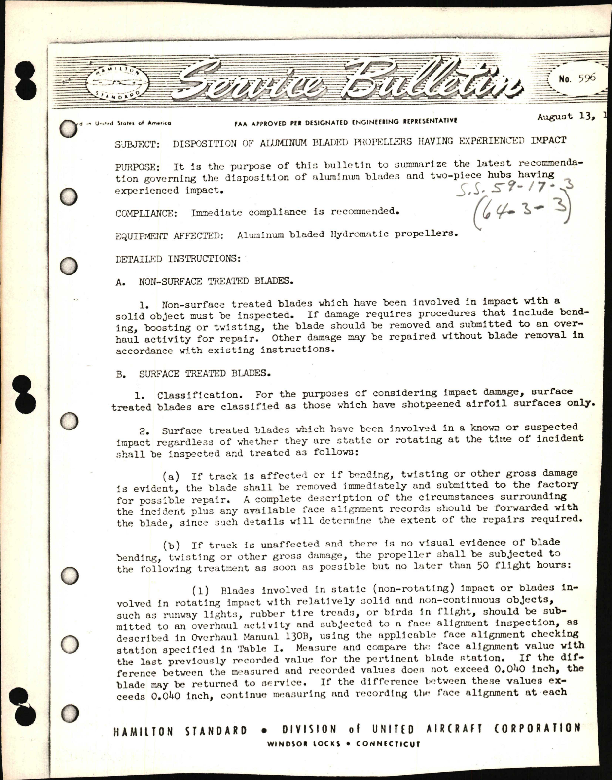 Sample page 1 from AirCorps Library document: Disposition of Aluminum Bladed Propellers Having Experienced Impact