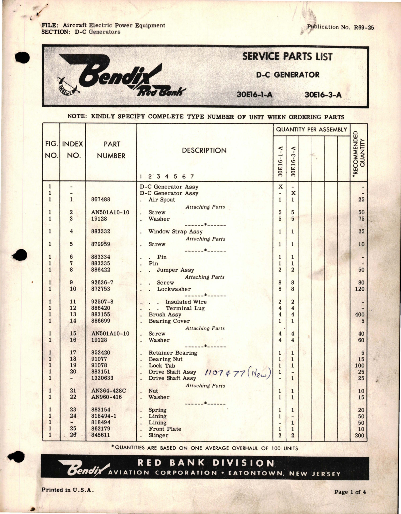 Sample page 1 from AirCorps Library document: Service Parts List for D-C Generator - 30E16-1-A and 30E16-3-A