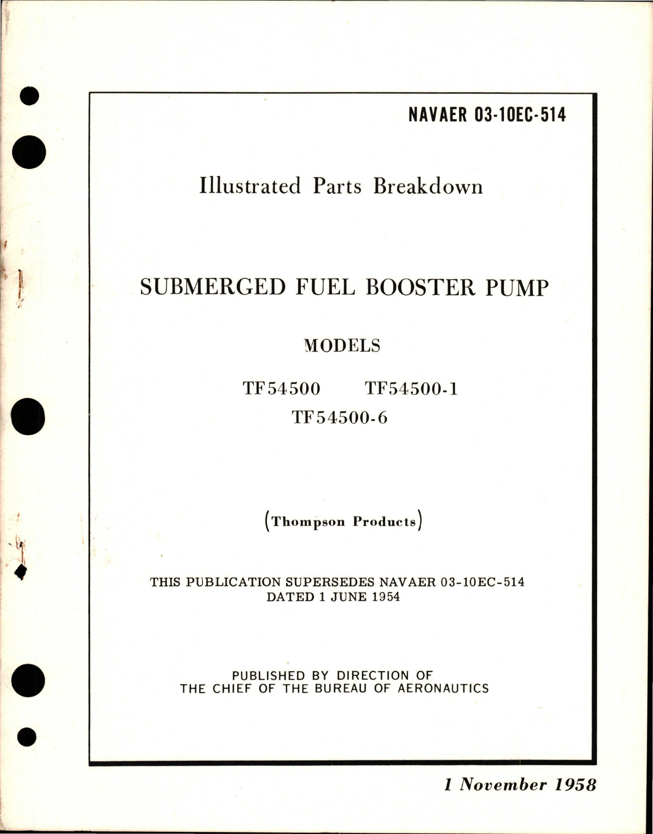 Sample page 1 from AirCorps Library document: Illustrated Parts Breakdown for Submerged Fuel Booster Pump - Models TF54500, TF54500-1, TF54500-6