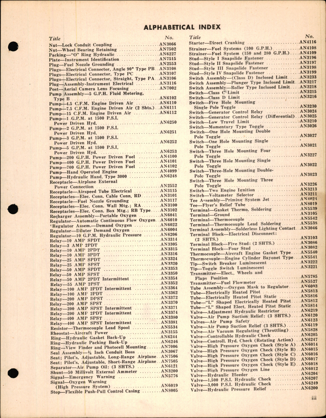 Sample page 5 from AirCorps Library document: Alphabetical Index for AN and AND Standards