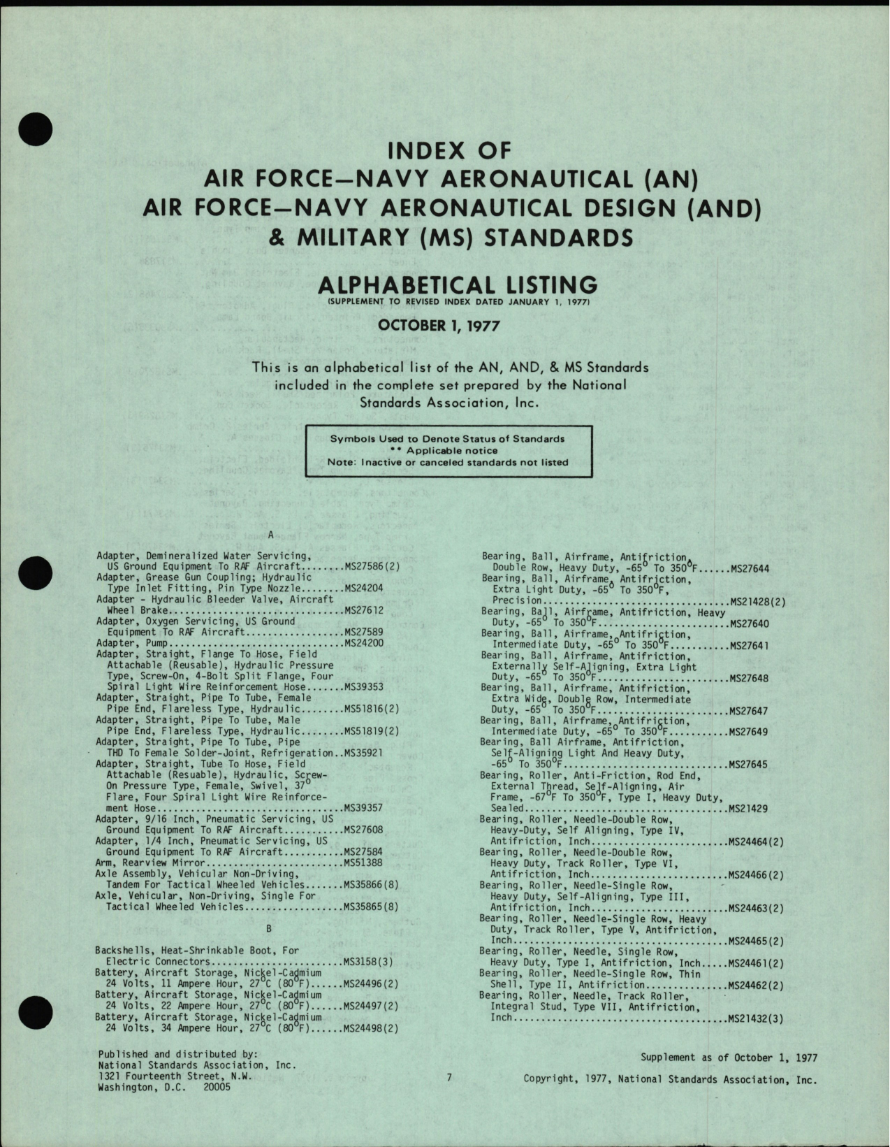Sample page 1 from AirCorps Library document: Alphabetical Listing for Index of AN, AND, and MS Standards