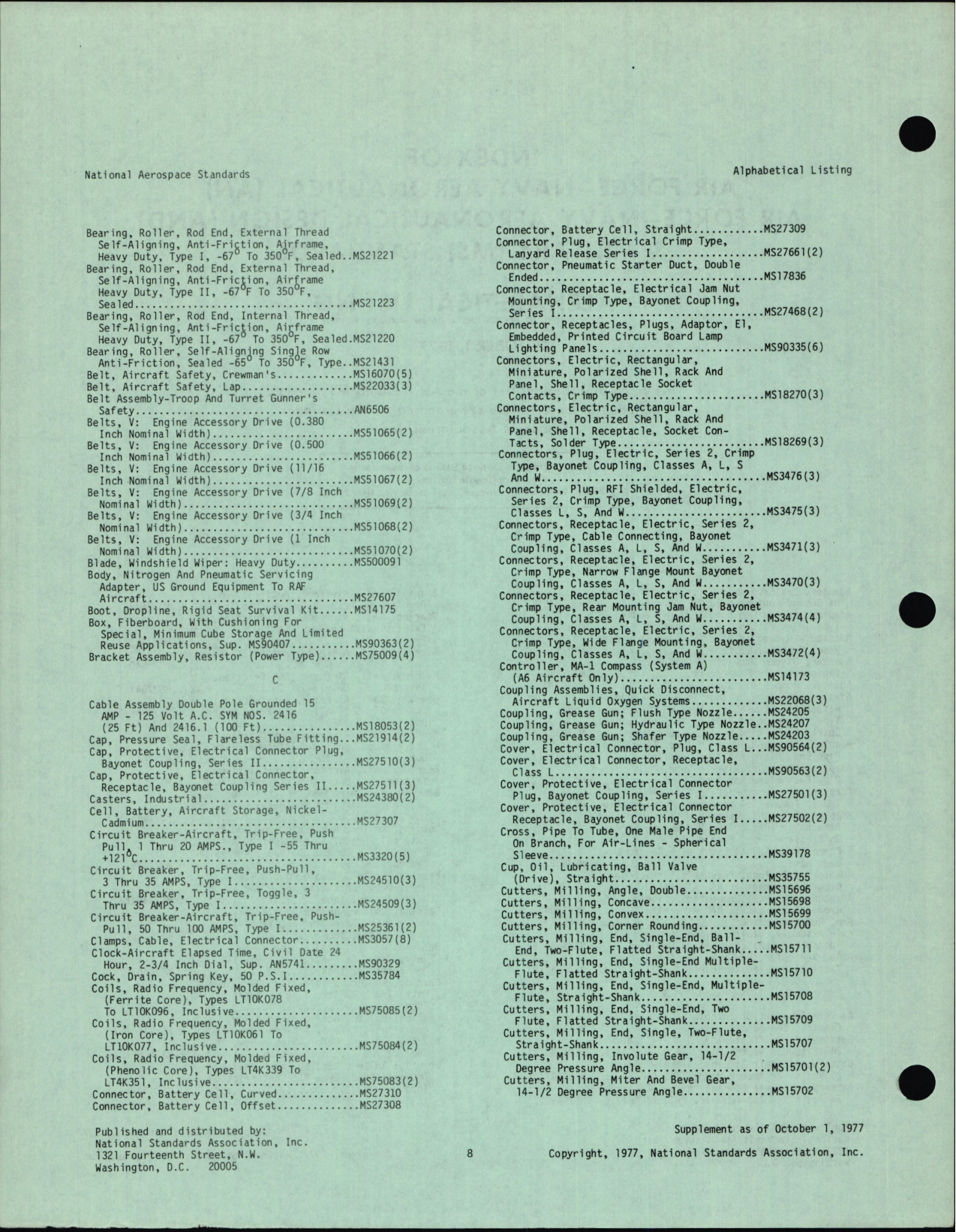Sample page 2 from AirCorps Library document: Alphabetical Listing for Index of AN, AND, and MS Standards